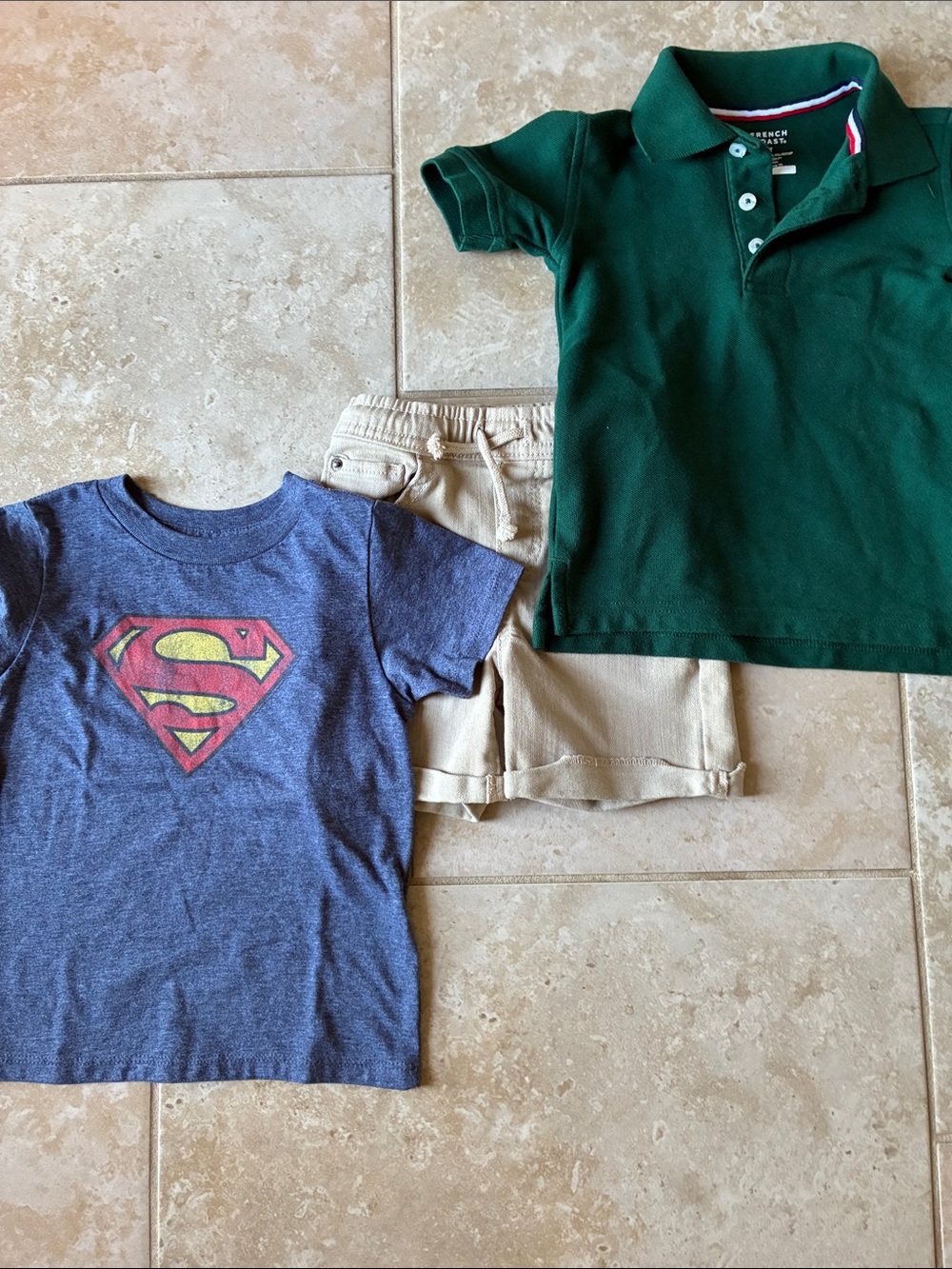French Toast Green Polo, Superman Tee & Tan Shorts Kids Matching Set 3T